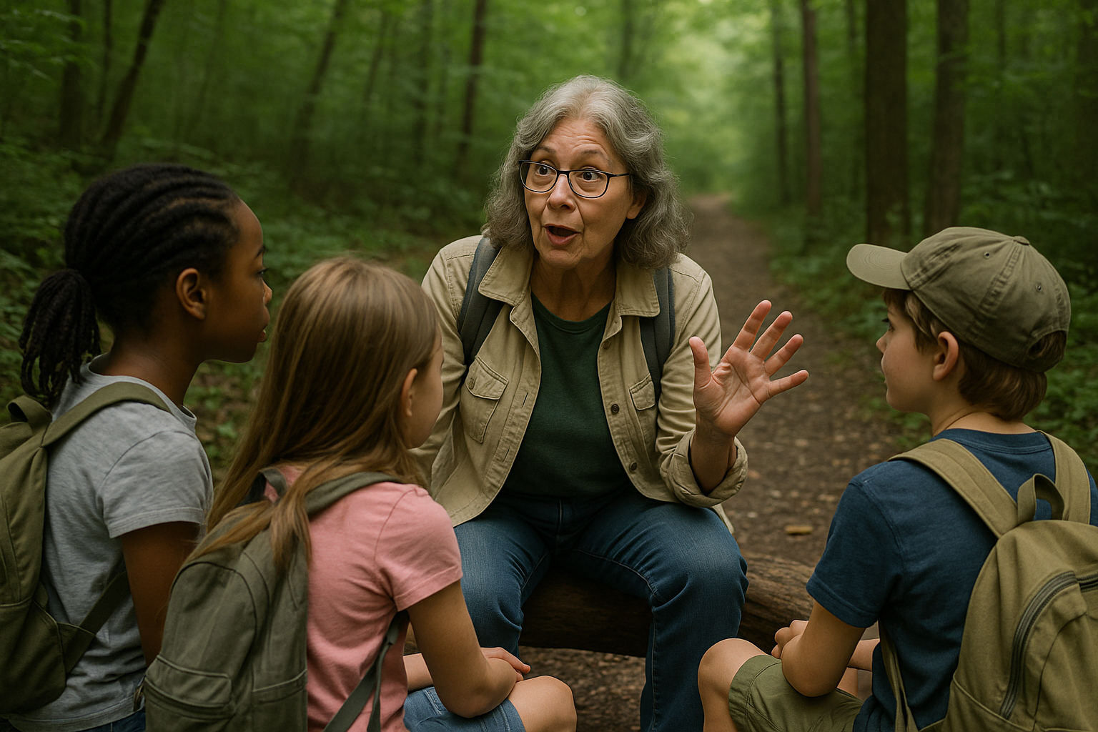 Kids on a trail with a guide