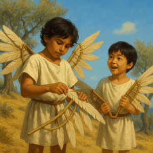 Discover the timeless tale of Icarus and Daedalus with Storypie. This ancient Greek myth blends daring dreams and wise choices, perfect for sparking family conversations about creativity, ambition, and safety.