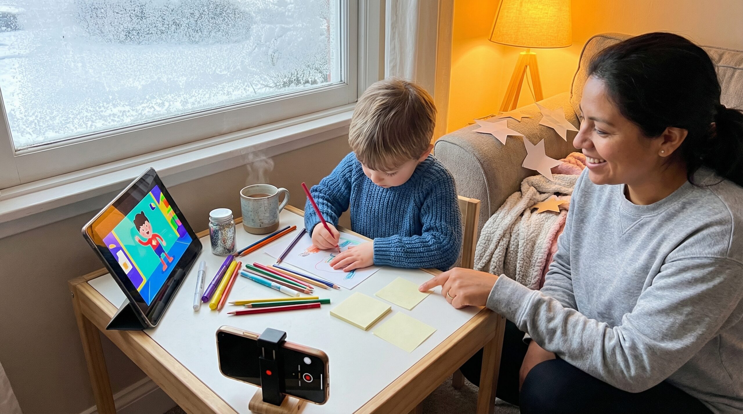 A cozy weekend imagination prompt for families. Create your own hero challenge asks kids to name three superpowers, draw one, and bring that hero to life through story and play.