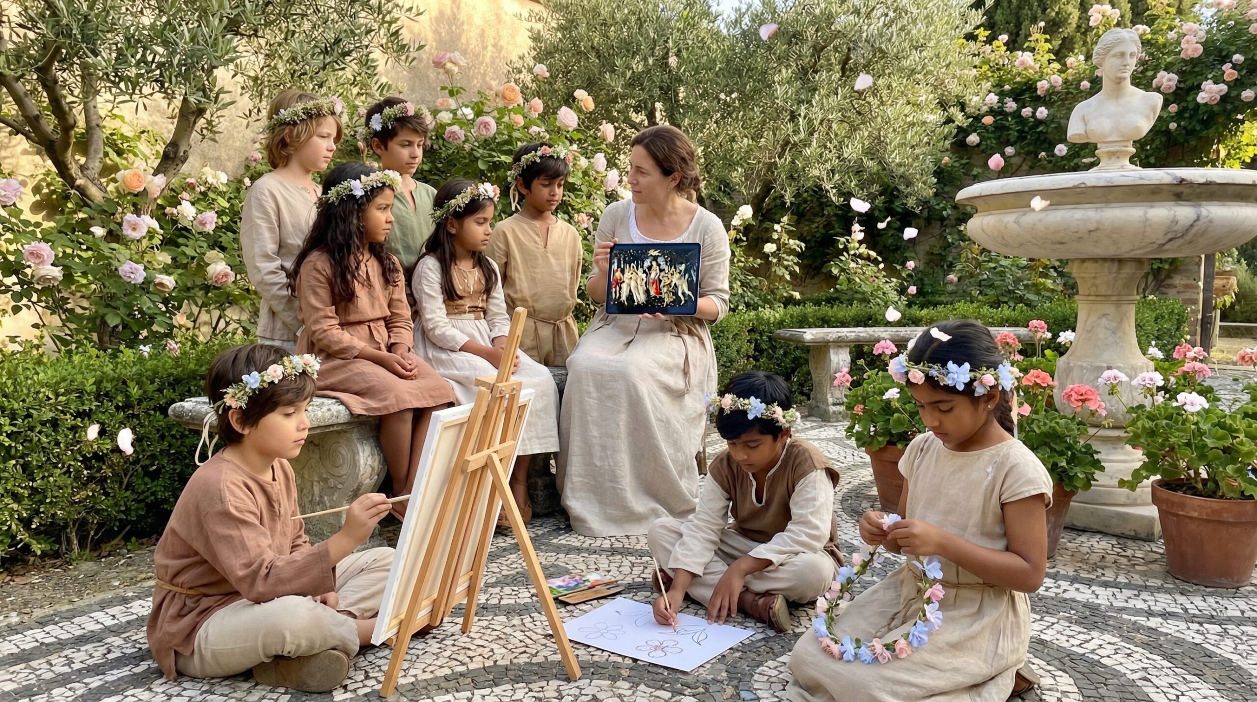 Primavera by Botticelli is a bright, myth-filled spring scene in the Uffizi. This post describes its figures, history, and details for curious children and adults to notice and enjoy together.