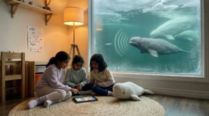 A cozy Storypie listen about the beluga whale. Learn how calves change color, how belugas talk under ice, and simple ways families can help protect ocean life. Perfect for quiet time with kids.