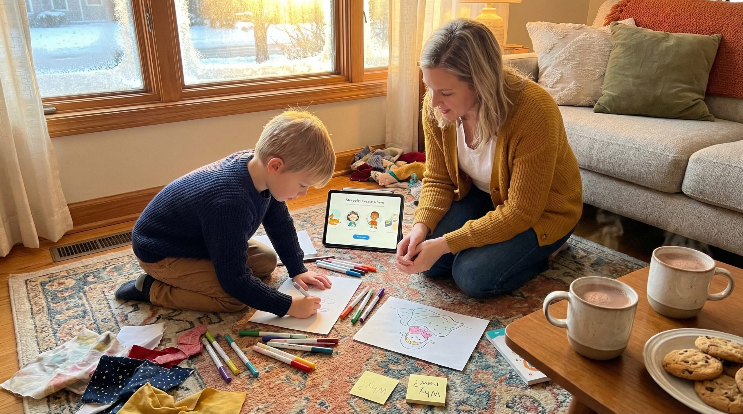 Turn a cozy hour into a playful creativity lab. The weekend imagination hero challenge asks kids to pair one quirky power with one real problem. Sketch, role-play, and save a voice sketch with Storypie for a family keepsake.