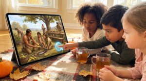 First Thanksgiving 1621 tells of a three-day harvest in Plymouth. Pilgrims and Wampanoag people gathered to share food, games, and help. This gentle retelling honors cooperation while inviting fuller history and Native voices.