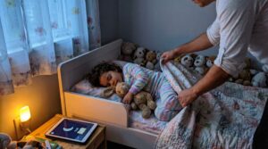 A five-minute bedtime wind-down mini story ritual uses one short tale and a soft voice. This simple, repeatable cue lowers arousal, supports language, and helps children and families settle into sleep with calm and predictability.