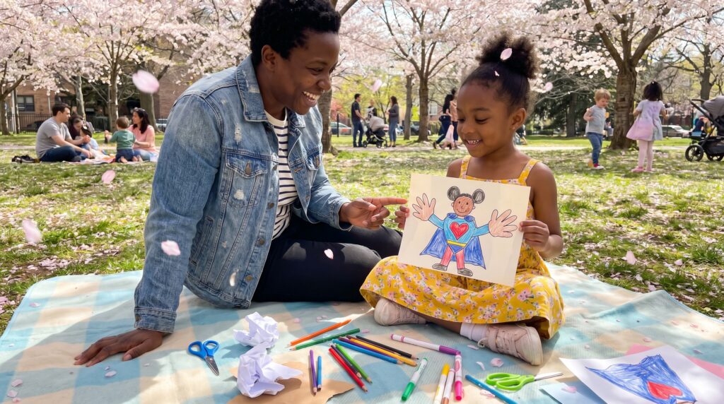 A playful weekend imagination challenge: create your own hero with your child. Invent a name, pick three powers, and show how those powers help others. Quick, simple, and great for empathy and family fun.