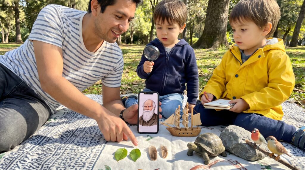 A warm, simple Charles Darwin biography for kids. Meet the tiny detective of nature, learn about the Beagle voyage, discoveries, and family life. Plus a short, playful activity to try with curious children.