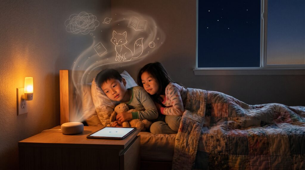 Audio-first storytelling benefits lower visual load and free working memory. Listening fuels imagination, supports readers of all abilities, and calms kids at bedtime. Try a short Storypie audio for a gentler, richer bedtime ritual.