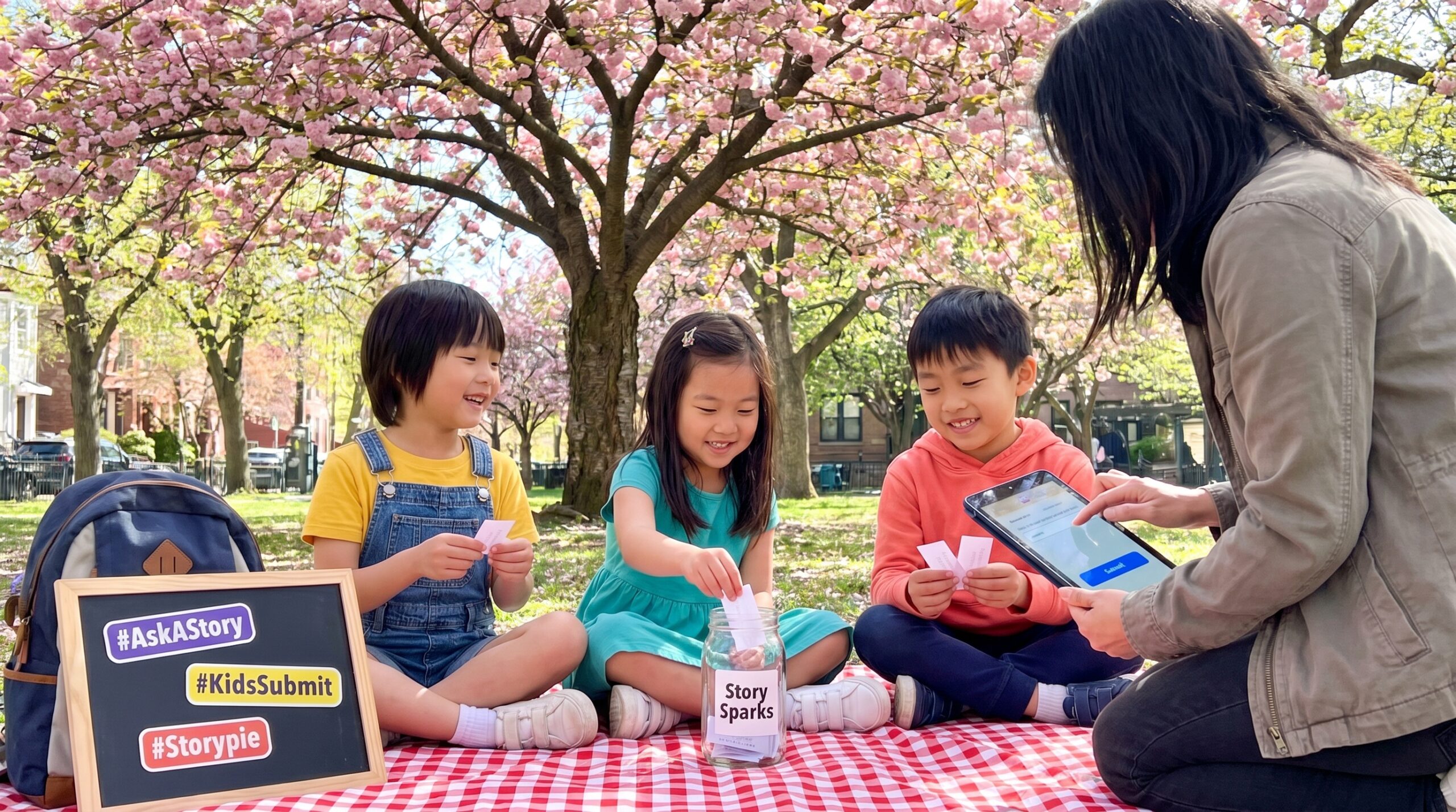 Submit Ask a Story prompts for next week: send two tiny words via the Storypie app. Parents approve ideas. Quick turnaround makes a short, family-friendly story the following week.
