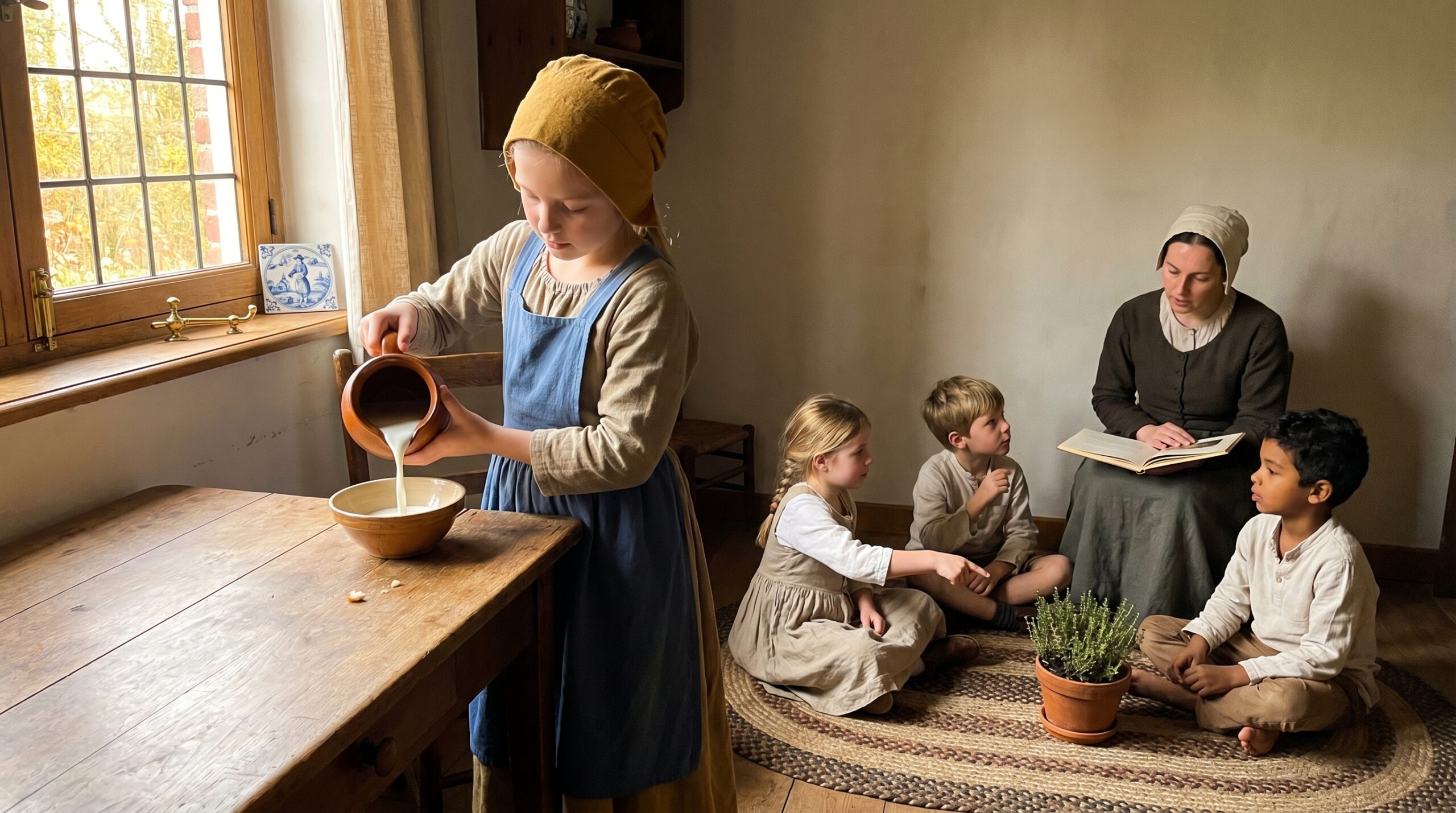 Vermeer’s The Milkmaid for kids is a small, sunlit scene that rewards slow looking. This short guide explains who painted it, when, where, and what to notice in the picture.
