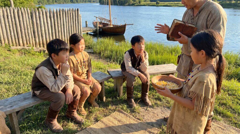 Jamestown Settlement 1607 was the first permanent English colony. This child-friendly piece covers early leaders, hardship, archaeology, and simple prompts to spark curiosity and empathy in young listeners.