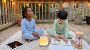Audio-first bedtime routines lower cognitive load and invite imagination. Calm narration helps children build scenes in their minds, supports vocabulary, and soothes toward sleep in short 15–20 minute rituals.