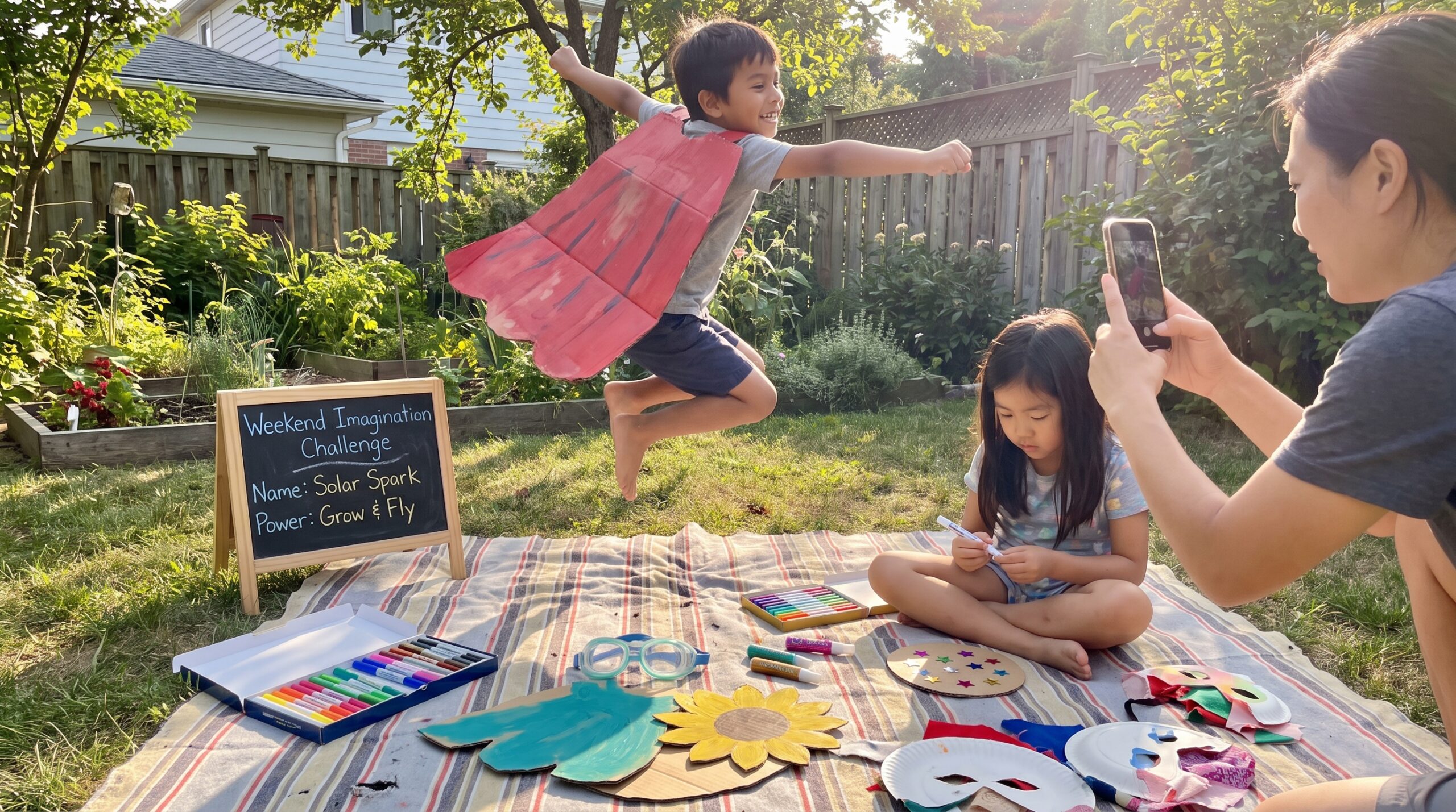 A playful, child led weekend imagination challenge to create your own hero. Short and low tech, this activity boosts language, planning, and empathy. Great for a summer afternoon with paper, crayons, and dress up bits.