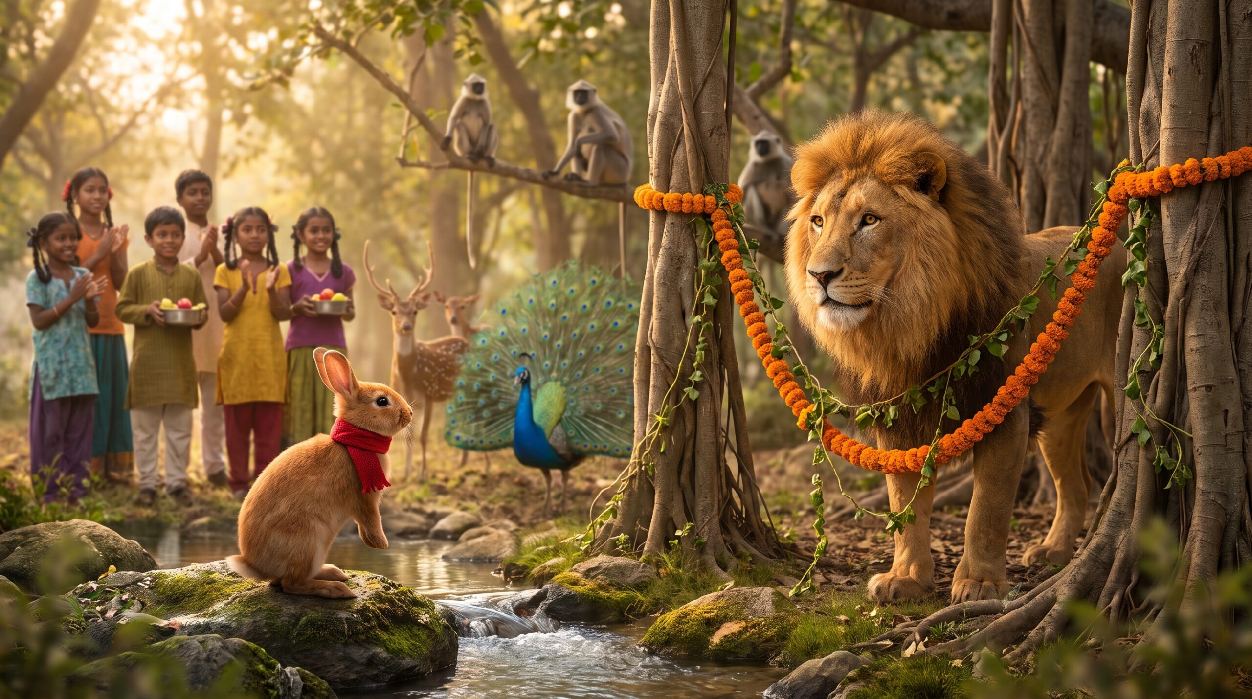 A tiny hero outwits a bully in The Clever Rabbit and the Foolish Lion - Indian. This short Indian fable shows how cleverness beats brute force. Read or play age-graded versions on Storypie for a bright morning chat.