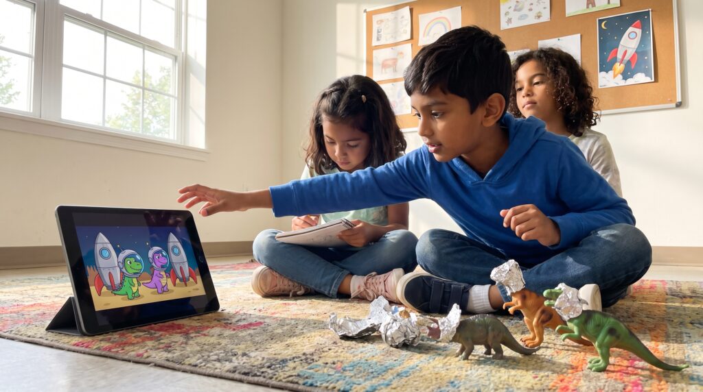 A playful story mash-up where dinosaurs meet astronauts sparks after-school curiosity. Short science facts, whimsical history, and vivid size comparisons make this mash-up perfect for quick conversations or a 10-minute Storypie episode.