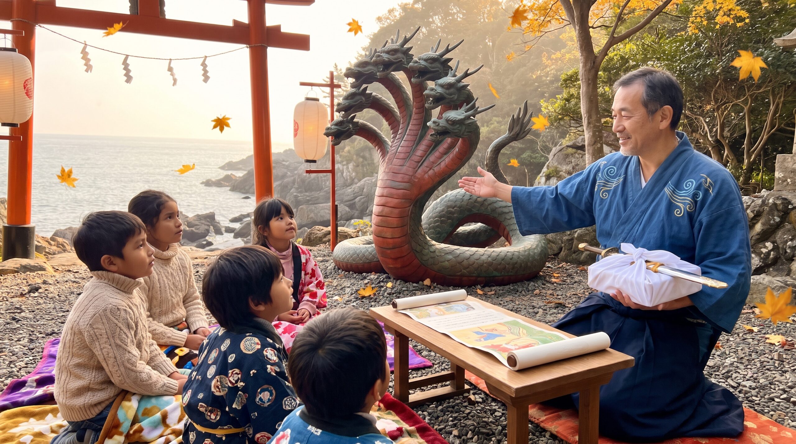 Susanoo and the Yamata no Orochi - Japanese is an early Shinto tale of a storm god, an eight-headed serpent, and a sacred sword. It lives on in Izumo rituals and lively retellings for families.
