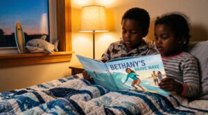 A warm, true Bethany Hamilton biography for kids. Learn how she relearned to surf after a shark attack. Short sentences and gentle facts make this story right for bedtime, with simple prompts and safe activities.